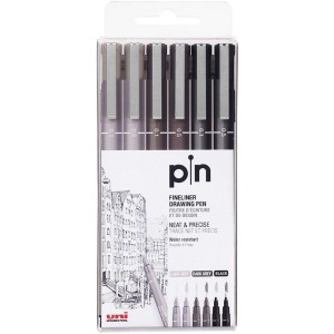 Caneta Nankin Uni Pin Fine Line Estojo C/6 Pontas Preta e Cinza PIN-200 UNI-BALL
