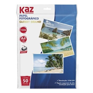 Papel Fotografico Glossy Inkjet A4 150gr Pacote Com 50 Folhas KAZ