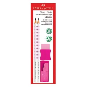 KIT 2 Lápis Grip Rosa Neon +Borracha +Apontador - FABER CASTELL