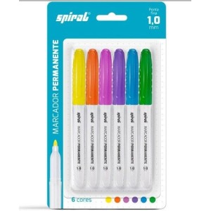 CANETA MARCADOR PERMANENTE PONTA 1.0MM SPIRAL C/6 CORES 